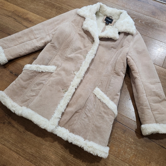 Vtg Y2K shearling penny lane leather suede overcoat large retro 70s hippie cozy - Picture 2 of 11